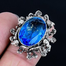Classic Swiss Blue Topaz Gemstone 925 Sterling Silver Jewelry Ring Size 7.5