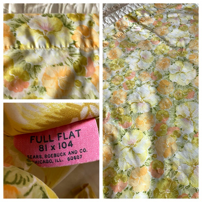 VTG 70's SEARS ROEBUCK YELLOW PANSIES COTTON BLEND FLAT SHEET SZ FULL