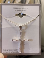 Sterling Silver Baguette Cubic Zirconia Cross Necklace 18" New 