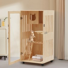 Large Wooden Indoor Cat Enclosure Catio Cage with Ramp and Covered Cat House Kit