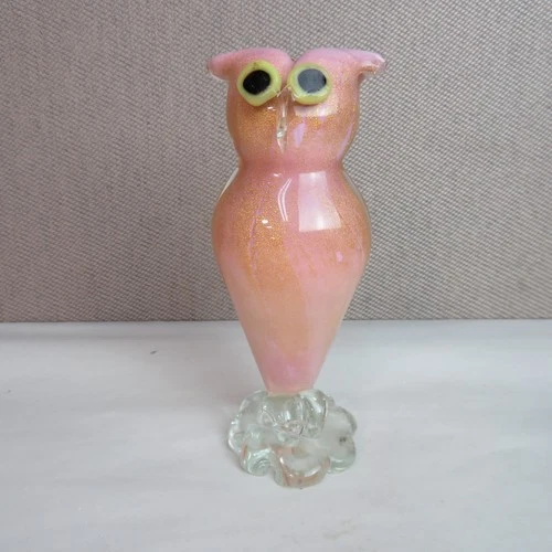 1950'S MURANO PINK OWL GOLD DUST GLASS FIGURINE - NICE - FOIL STICKER