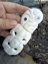 Large Maori Hei Tiki Pendant Bone Carving Paua Eyes Hand-Carved