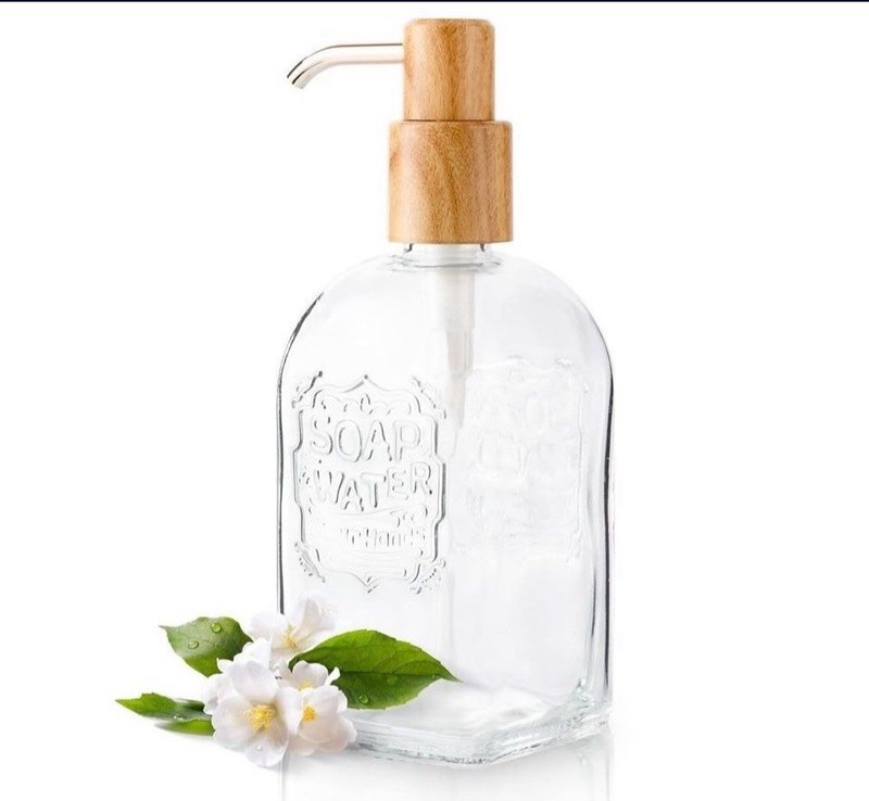 Nellyke 17Oz Glass Liquid Soap Dispenser with Wood Grain Design Pump