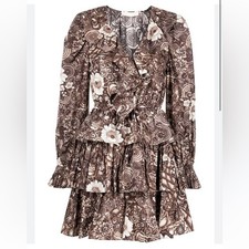 Ulla Johnson Brown floral Lola Tiered ruffle long sleeve mini dress 4 NWT