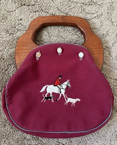 Vtg 80s Banner House Bermuda Bag Purse Wood Handle Equestrian Hunting Preppy