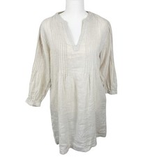 Tahari Dress Women Small Tan 100% Linen V-Neck Pleated Mini Tunic Casual NWT