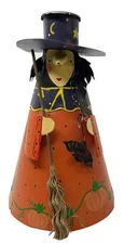 Robert Alan Candle Co #80026 Orange & Blk Metal Tin Witch w/Broom Candle Holder