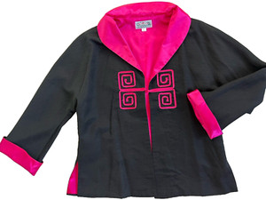 Vintage Chinese Black Fuchsia Pink Satin Geometric Applique Jacket L or XL Size