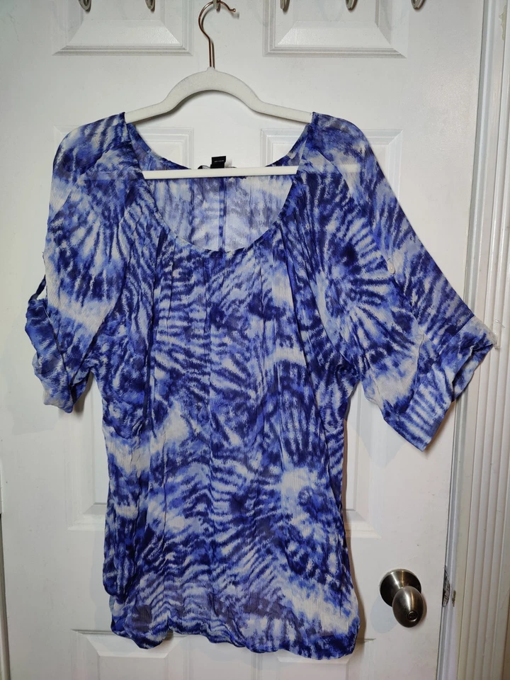 Top INC International Concepts azul blanco media manga tie dye transparente 100 % seda 16 Foto 2 de 4