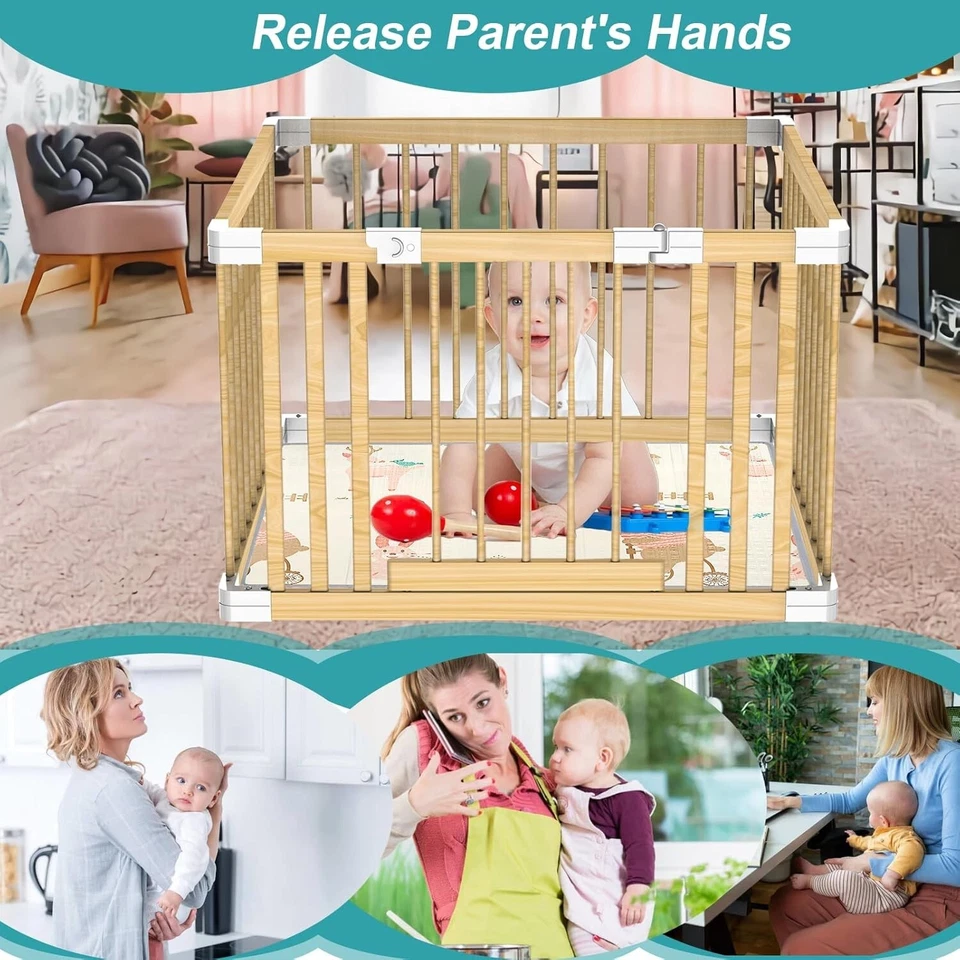 90x90cm Wooden Playpen Baby with Mat, Made from Solid Pine Wood, with Door - Image 3 of 4