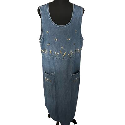 Vintage Classic Elements Floral Embroidery Denim Overall Dress 1618W Women s