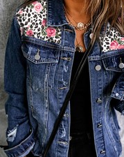 Mixed Print Distressed Button Front Denim Women Jacket