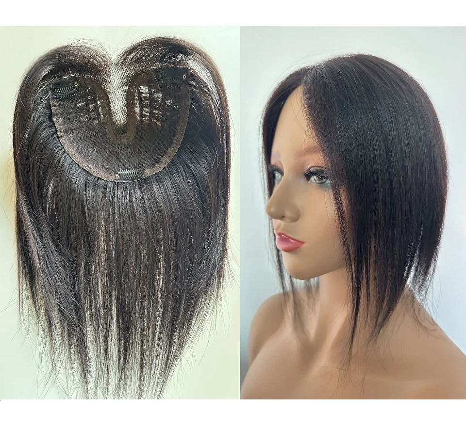 6"x5.5"Traceless Lace Part 100% Human Hair Topper Clip in Dark Yellow Brown 10" - Image 2 of 4