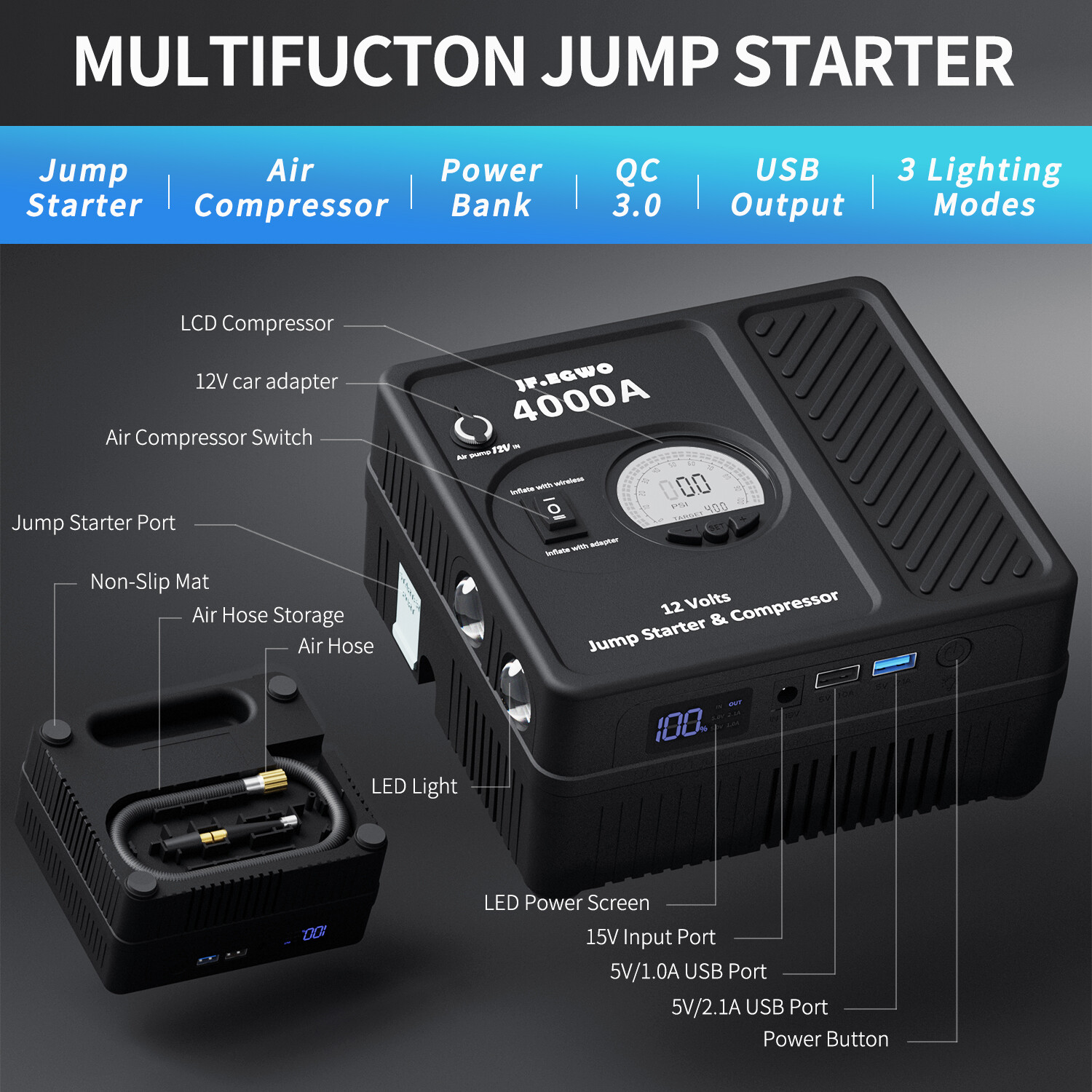 4000A Car Jump Starter Air Compressor Portable Power Bank Battery