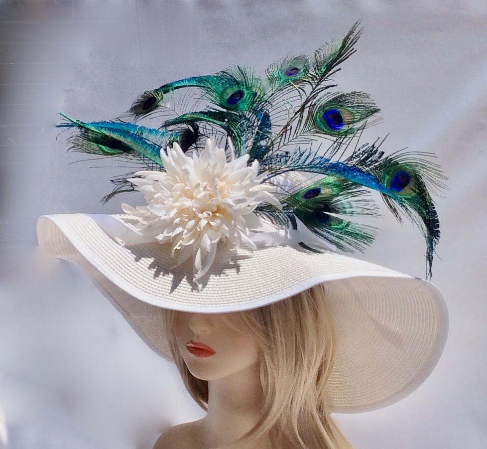 Giant White Kentucky Derby Hat For Women, Peacock Feather  display picture 2