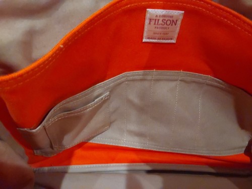 FILSON Messenger Bag/Briefcase ~ Tan & Blaze Orange Waxed Twill GREAT CONDITION - Picture 12 of 13