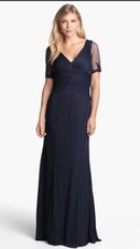 Adrianna Papell NWT Navy Blue V-Neck Sheer Mesh Beaded Sleeve Gown Sz 18 $300