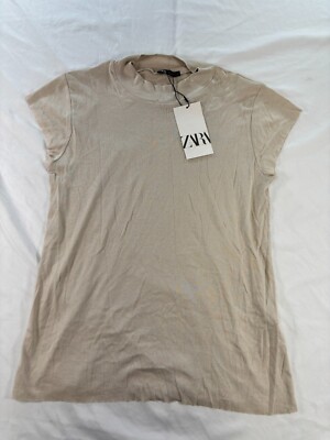 Zara Women's Top L Tan Sleeveless Stank Up Neck Basic Blouse