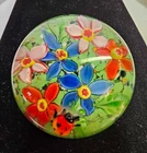 Vtg Murano Style Art Glass Paperweight w Multicolor Flowers Red Blue & Ladybug