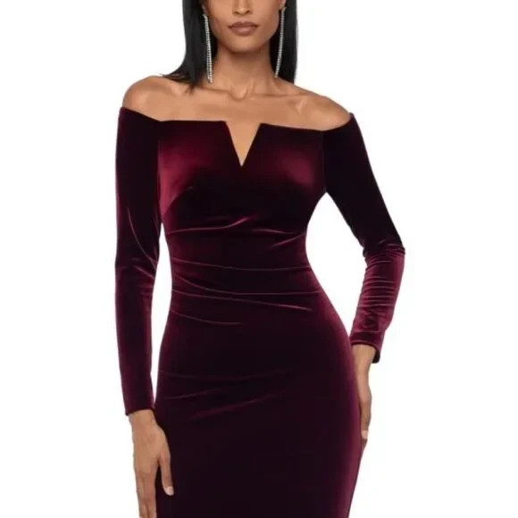xscape off the shoulder velvet dress Hayden Velvet Off The Shoulder 3/4 Sleeve Ruffle Dress