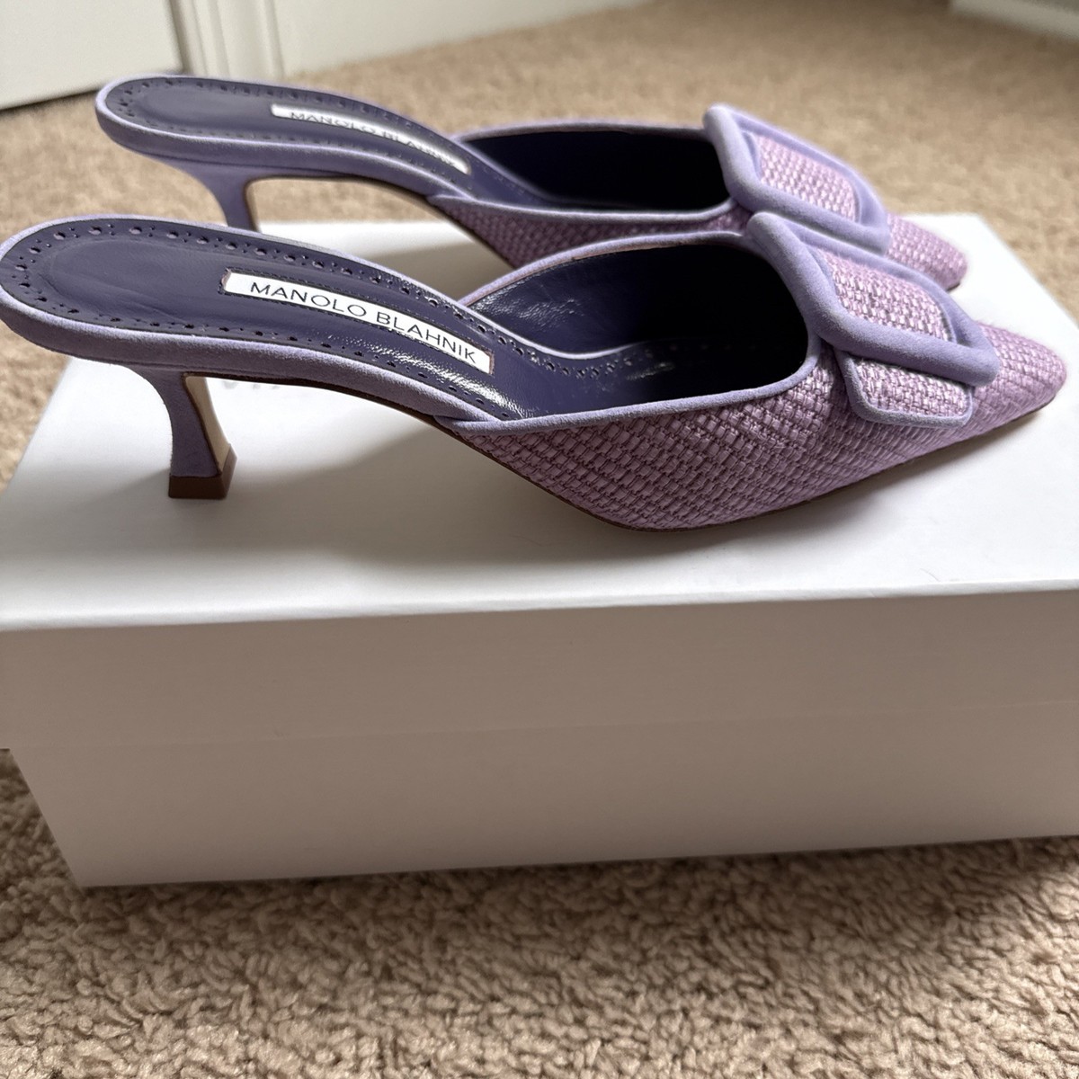 Manolo Blahnik Maysale Mule Purple Raffia Size 36.5 | eBay