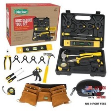 Deluxe Kids Tool Set  Real Tools with Tool Belt  Tool Box, Beginner Brown