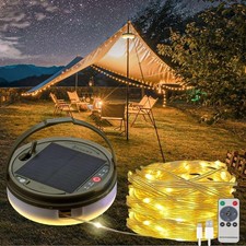 Solar Camping String Lights 39.4FT, 4-in-1 Waterproof LED Tent Lantern, 8 Modes