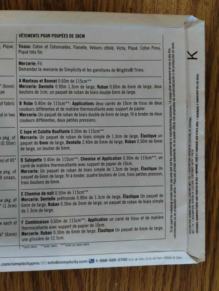 1708 Simplicity, FF, Sewing Pattern for 15 inch Doll Clothes, 2014, New - Image 4 of 4