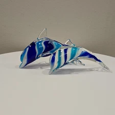 Hand Crafted Art Glass Dolphin Figurine Paperweights Mother Baby Blue