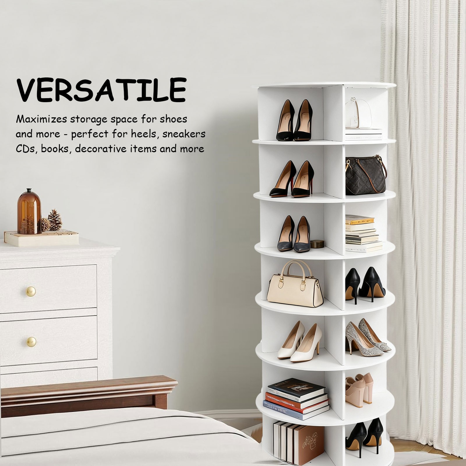 Rotating Shoe Rack Tower 7 Tier Organizer, Revolving 360 White Shoe Rack Storage