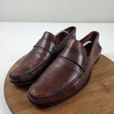 Santoni Brown Leather Stitched Loafer Shoes Mens Size 11 D Italy Slip ON