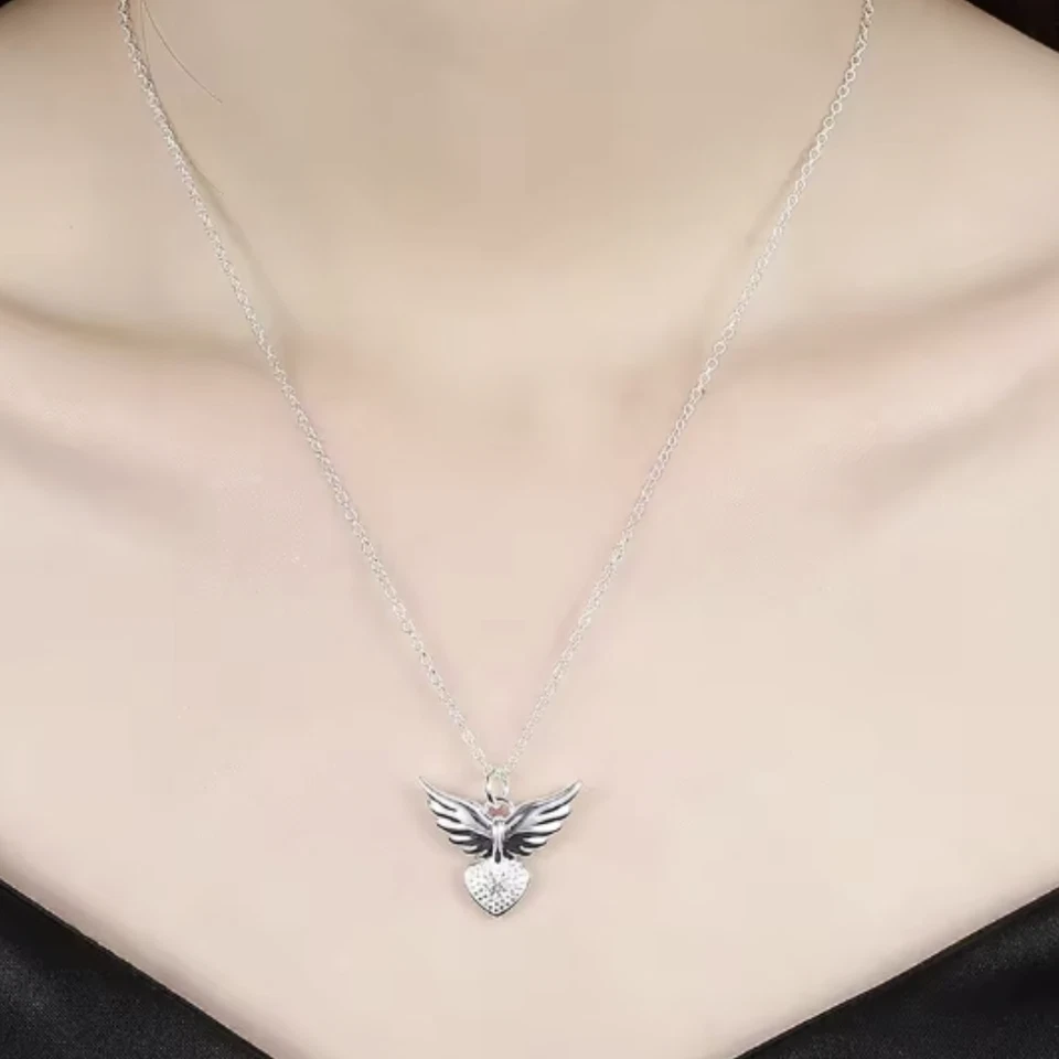 moderne Halskette Engelsflügel mit Herz Strasssteinen Kette 925 Sterlingsilber - Bild 3 von 4