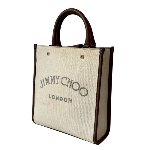 JIMMY CHOO Varenne Mini Tote Bag, Studded Leather Canvas, Logo, White, Brand,