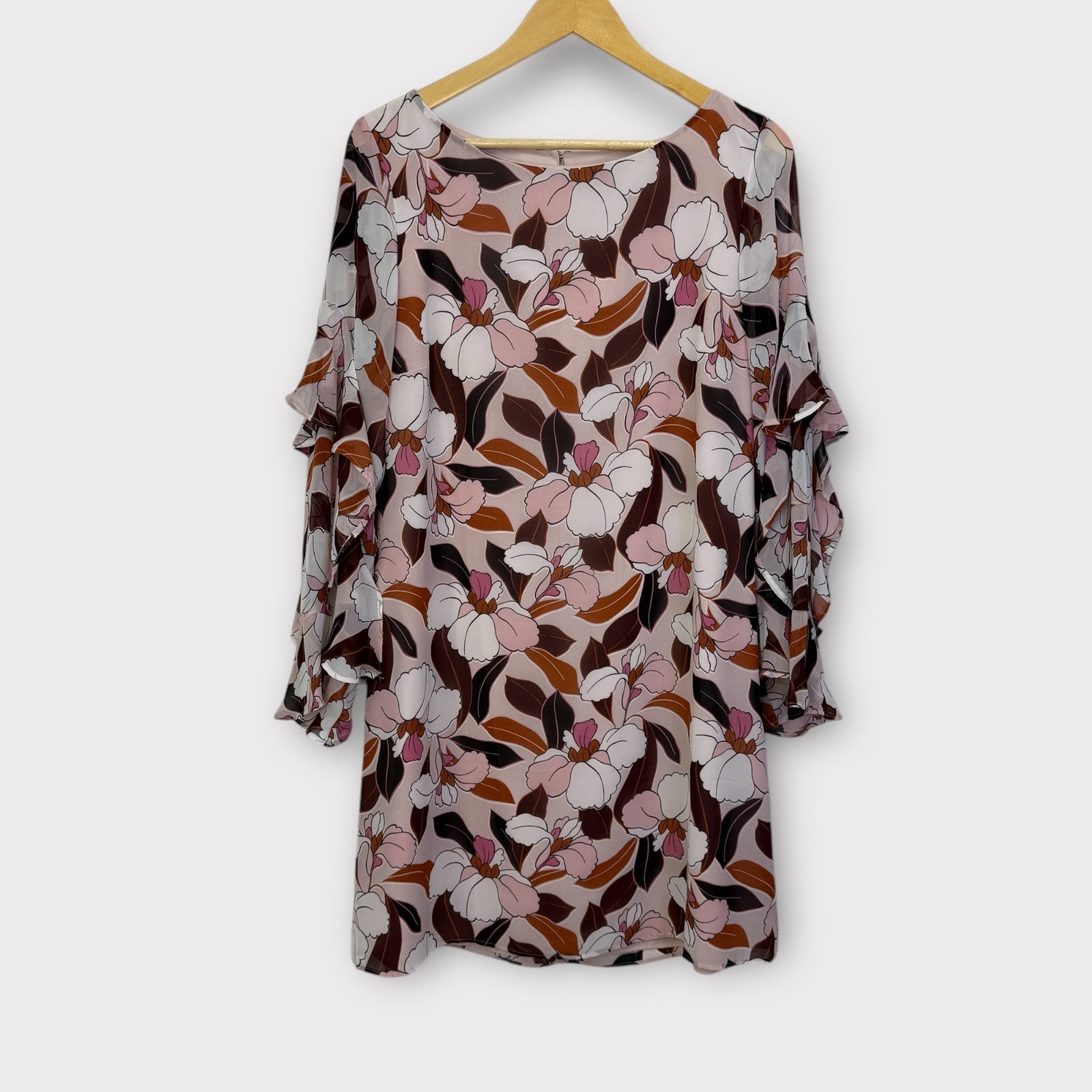 Ann Taylor Factory Pink Floral Shift Dress Size 10 Sheer Flutter Sleeves Cottage