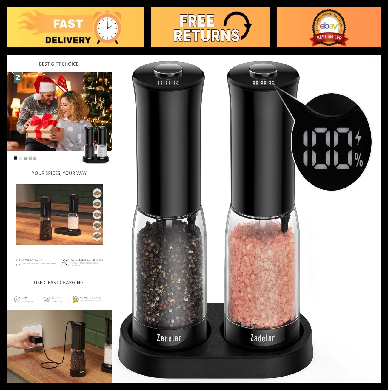 Rechargeable Electric Salt & Pepper Grinder Set - LED Display, One-Hand Operatio