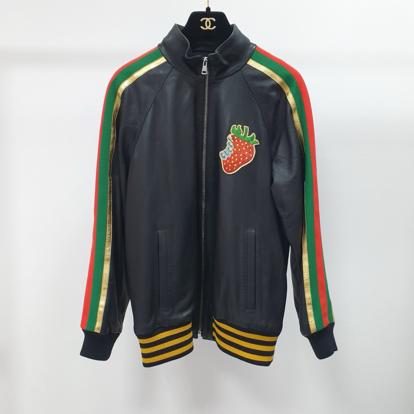 Gucci Black Leather Strawberry Patch Track Jacket… - image 1