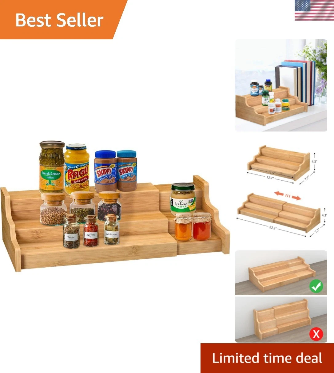 Spice Rack Kitchen Cabinet Organizer- 3 Tier Bamboo Expandable Display Shelf ...
Opens in a new wind