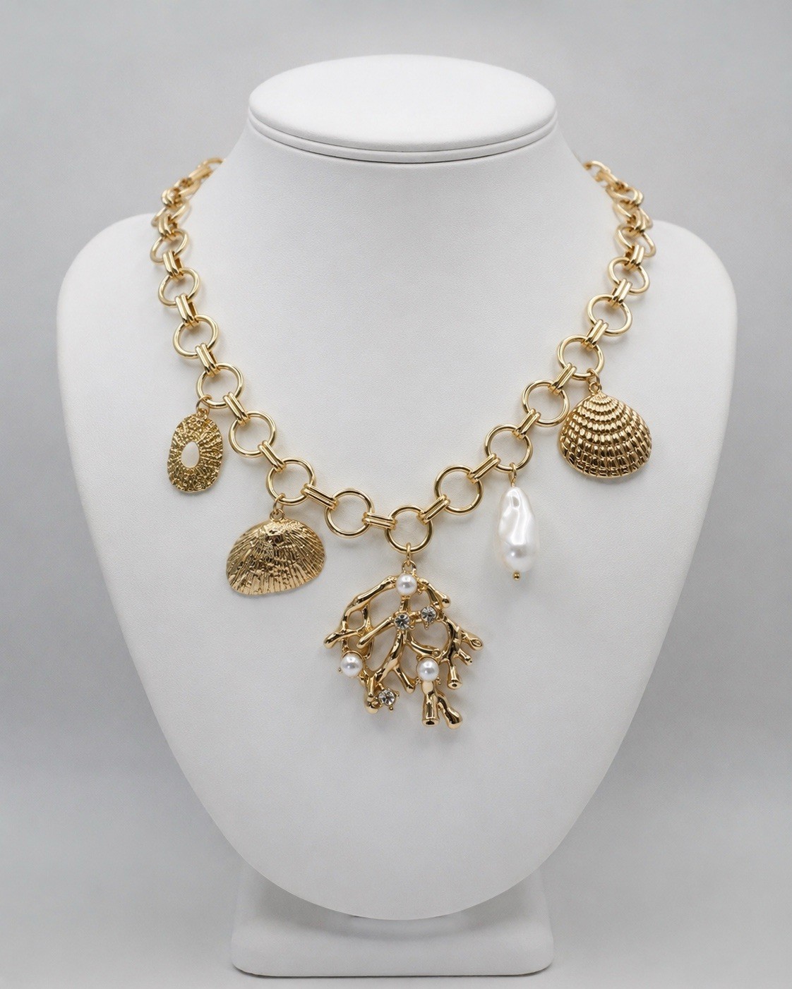 INC Gold Tone Sea Life Reef Charm Statement Necklace Coral Pearl Shell Crystal