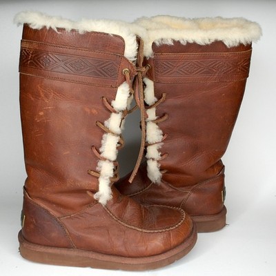 Ugg Chief Aztec Tularosa Brown Leather  Sheep Shearling Lace Up Mid Calf Boots