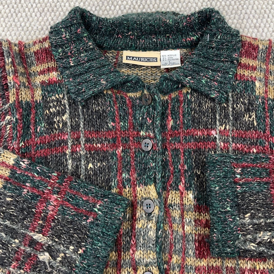 Cárdigan Suéter Vintage Maurices Mujer Grande Verde Rojo Cuadros Años 90 BOHO Abuela Foto 3 de 4