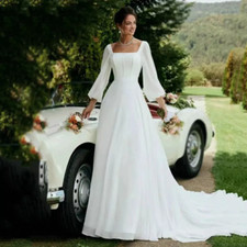 Simple Chiffon Wedding Dresses Long Sleeve Backless Sweep Train Bridal Gowns