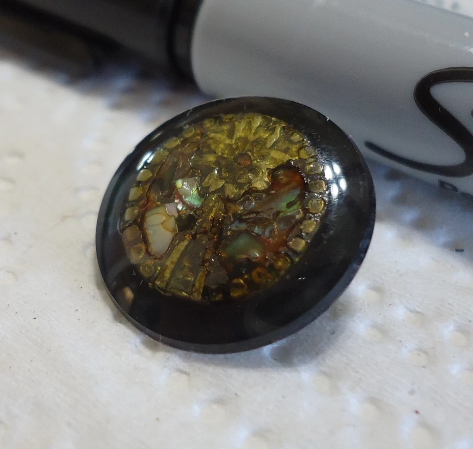 Vintage Metal FLOWER Design Under Glass Button 11/16" Signed TJG '64 - Image 3 of 4