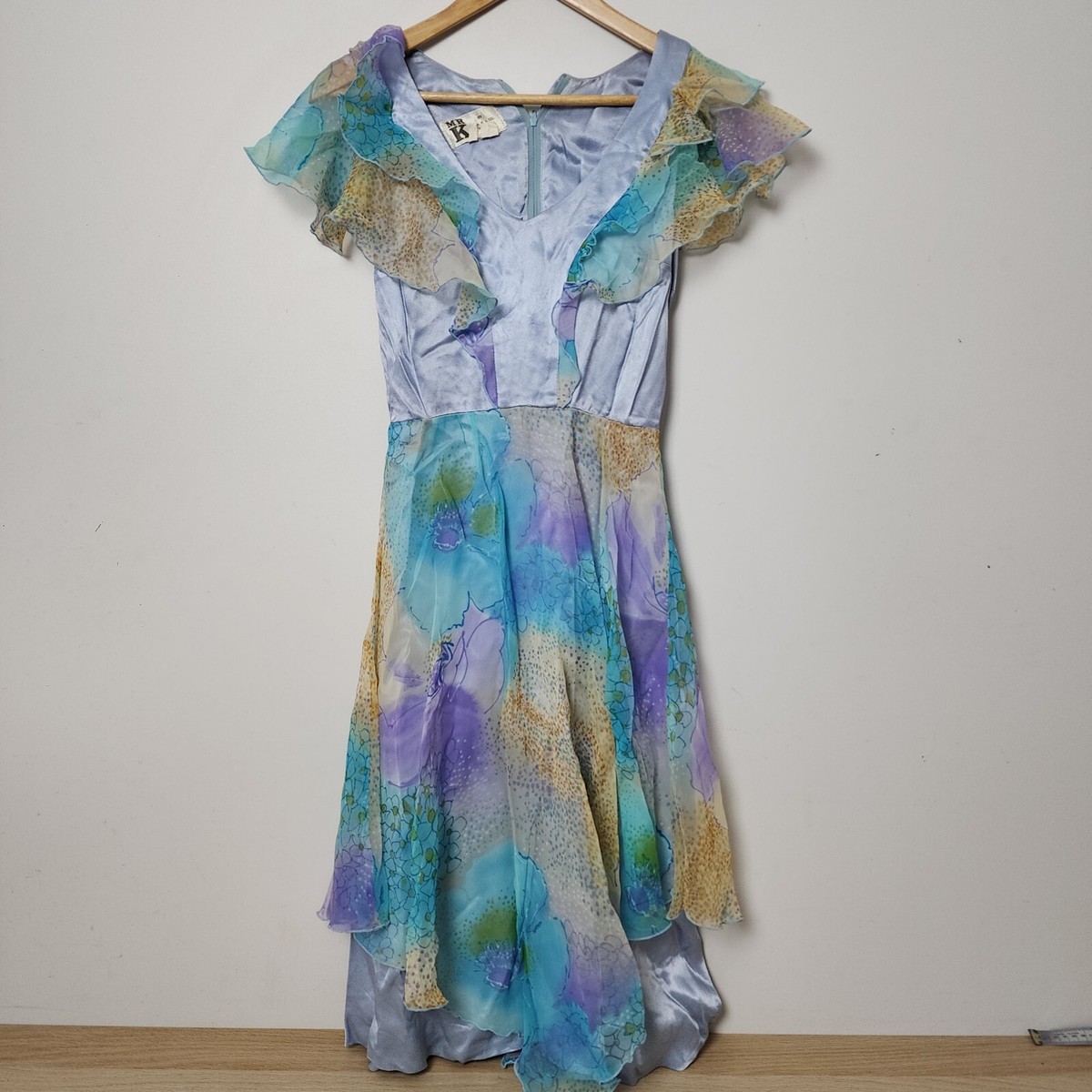 Mr K Vintage Dress Womens 10 Blue Floral Soft Flowy Layered Midi Dress Mr K Vintage Dress Womens 10 Blue Floral Soft Flowy Layered Midi Dress
