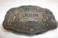 Vintage Oden Inc. Name JOHN BELT BUCKLE Embossed Scrolled Metal Art