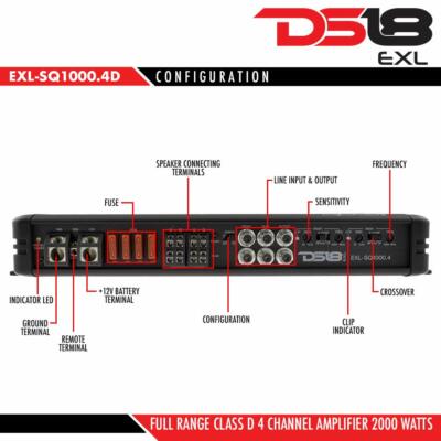 DS18 EXL-SQ1000.4D 2000 Watt 4/2 Channel Car Amplifier Class D