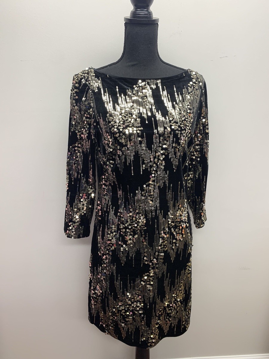 Eliza J Black Gold Sequence Short Cocktail Party Dress 3/4 Sleeves 10 NEW