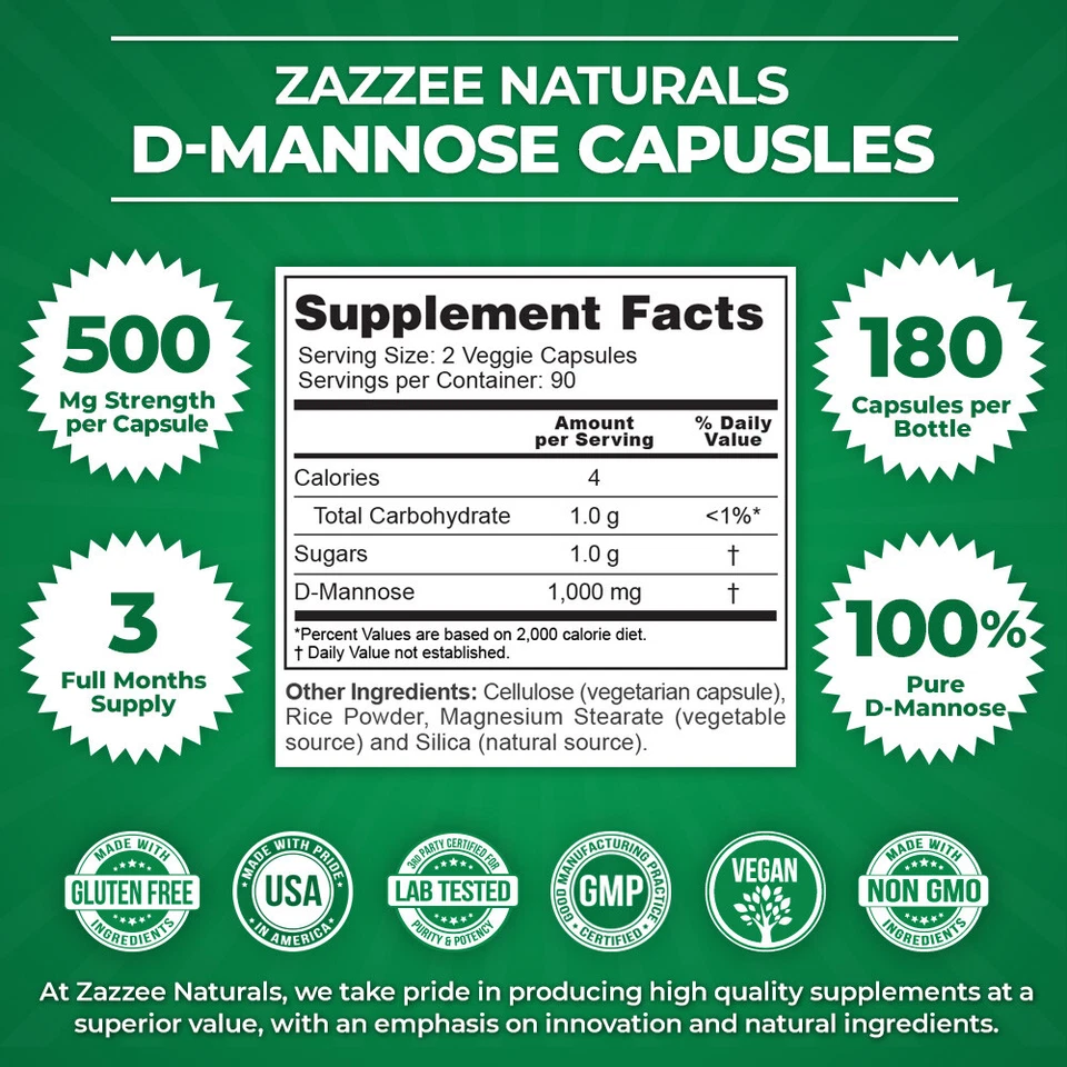 D-Mannose Capsules 180 Veggie Caps 1000mg 100% Pure UTI Relief Urinary Tract USA - Image 2 of 4