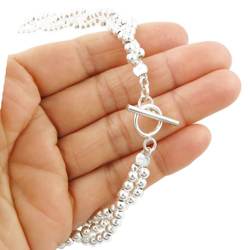 Twisted Triple Strand Silver Necklace Hallmarked 925 Sterling Long Bead Necklet - Picture 6 of 6