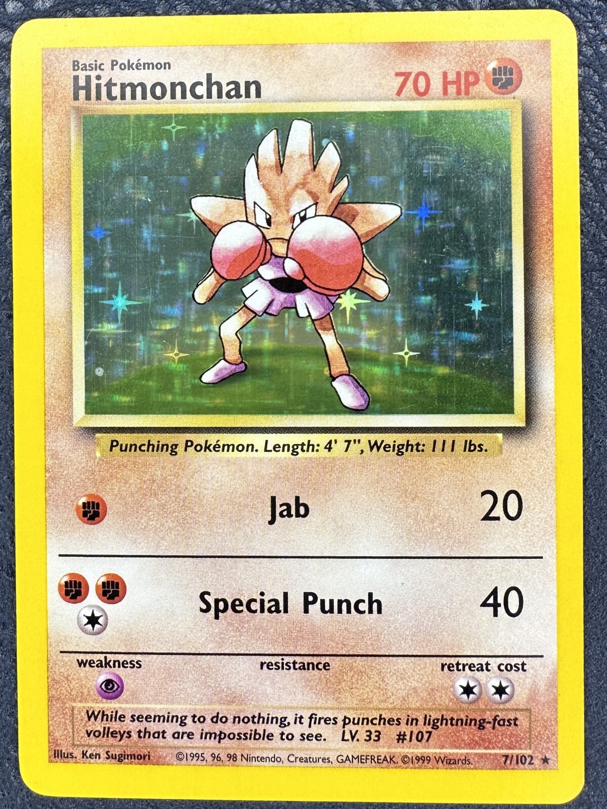 1999 Hitmonchan #7/102 Holo LP++ Rare Pokemon Base Set Vintage WOTC