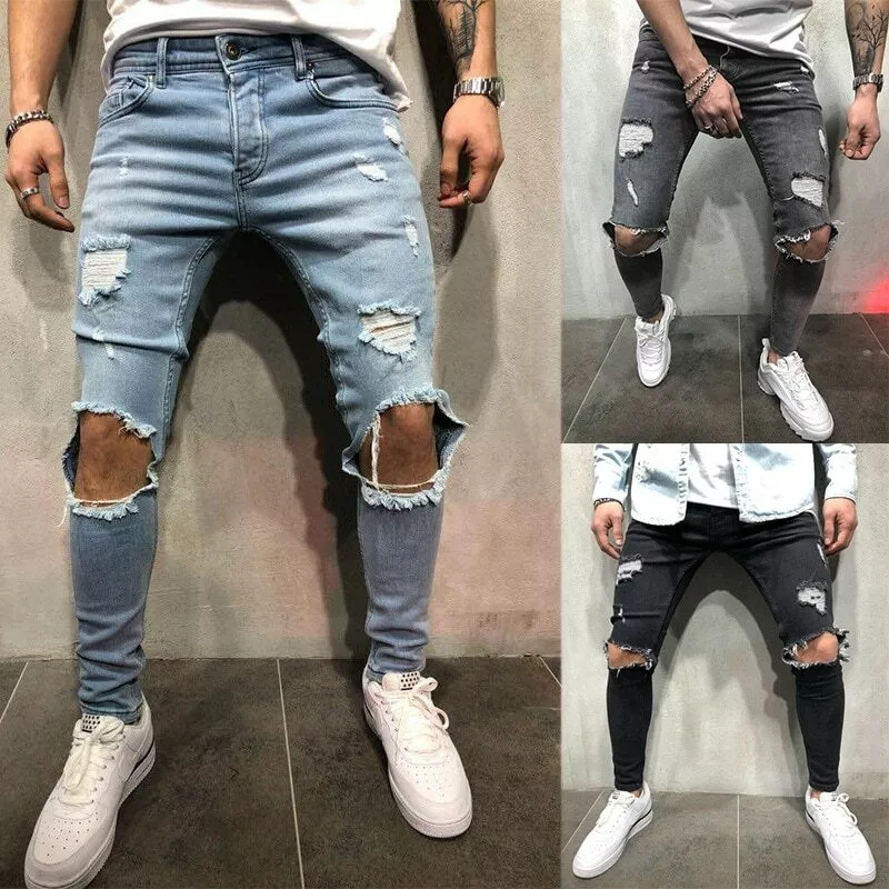 Pantalon para hombres Jeans azul Skinny destruido arrancó Jeans rotos  pantalones